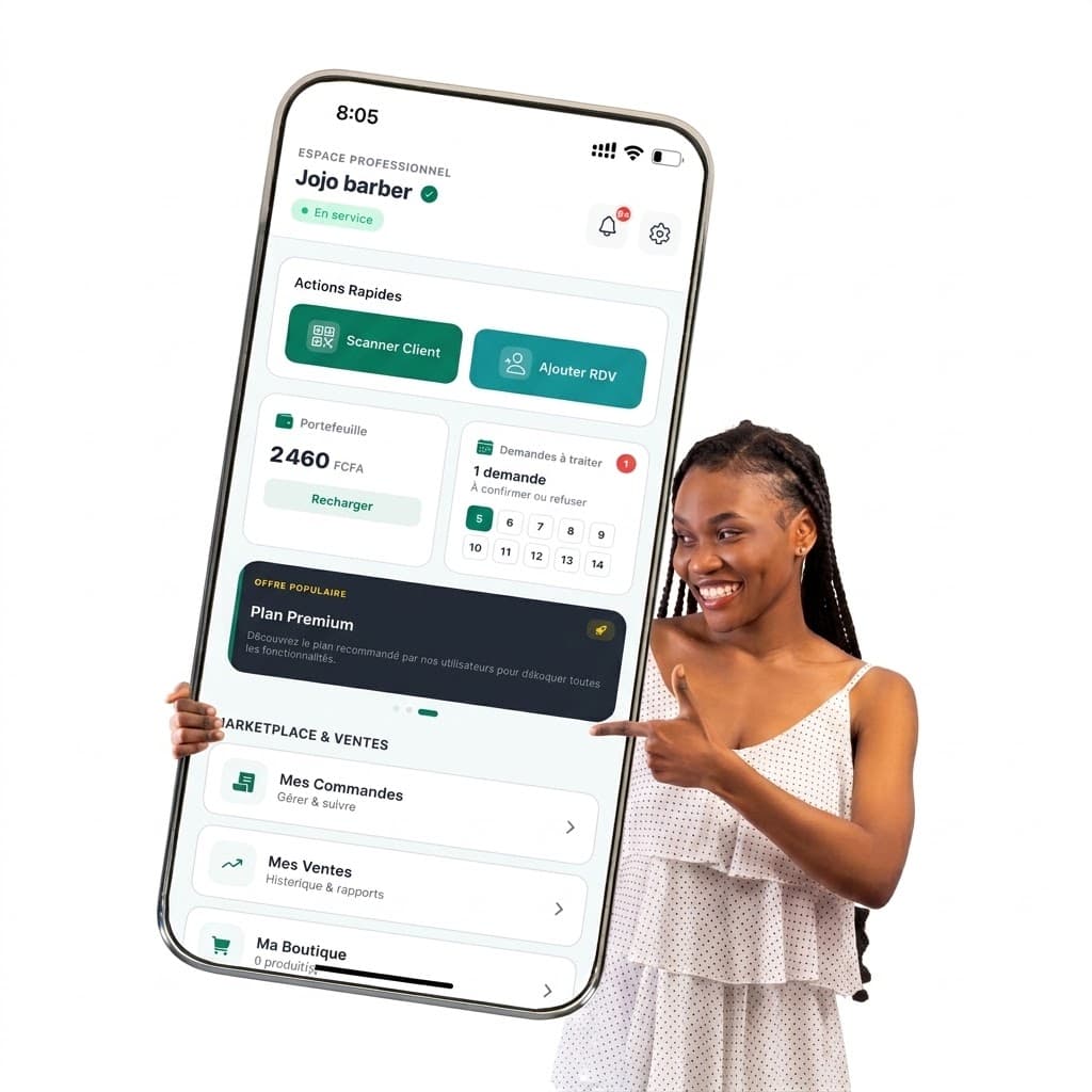 Une professionnelle de la beauté présente l'espace professionnel de l'application Cameroun Salon sur un grand écran de téléphone