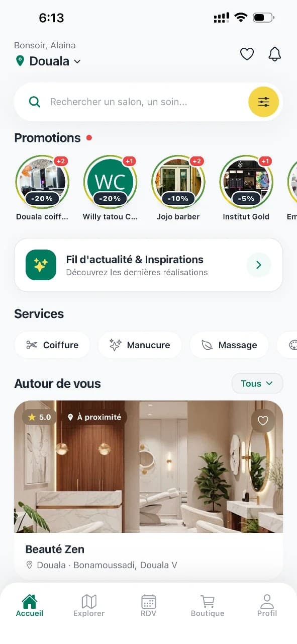 Écran de confirmation de réservation dans l’application Cameroun Salon
