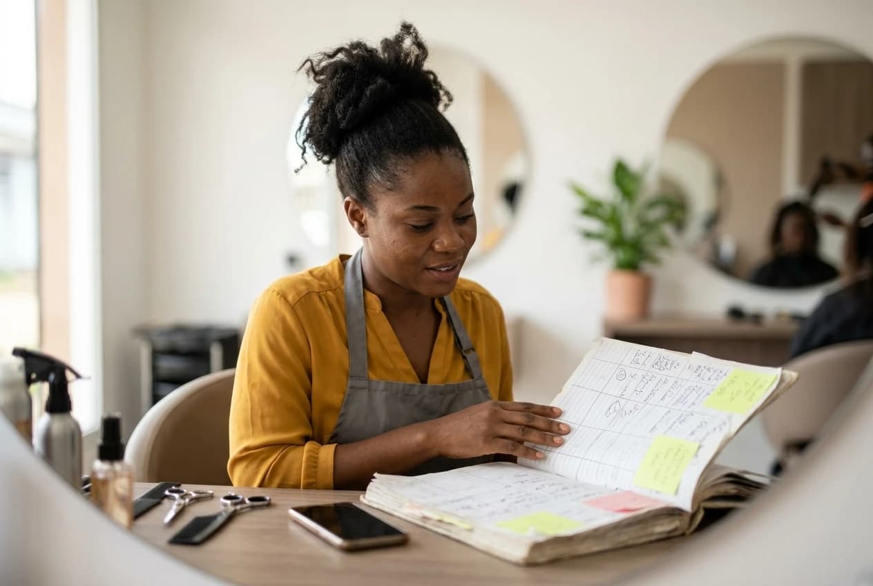 Une professionnelle de la beauté consulte son cahier de rendez-vous dans son salon, entourée de notes et de feuilles