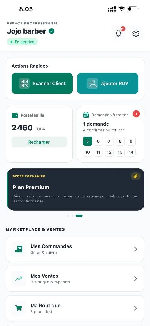 Tableau de bord de l'espace professionnel de l'application Cameroun Salon